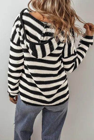 Drawstring Striped Long Sleeve Hooded Sweater for Women - Selvanelle