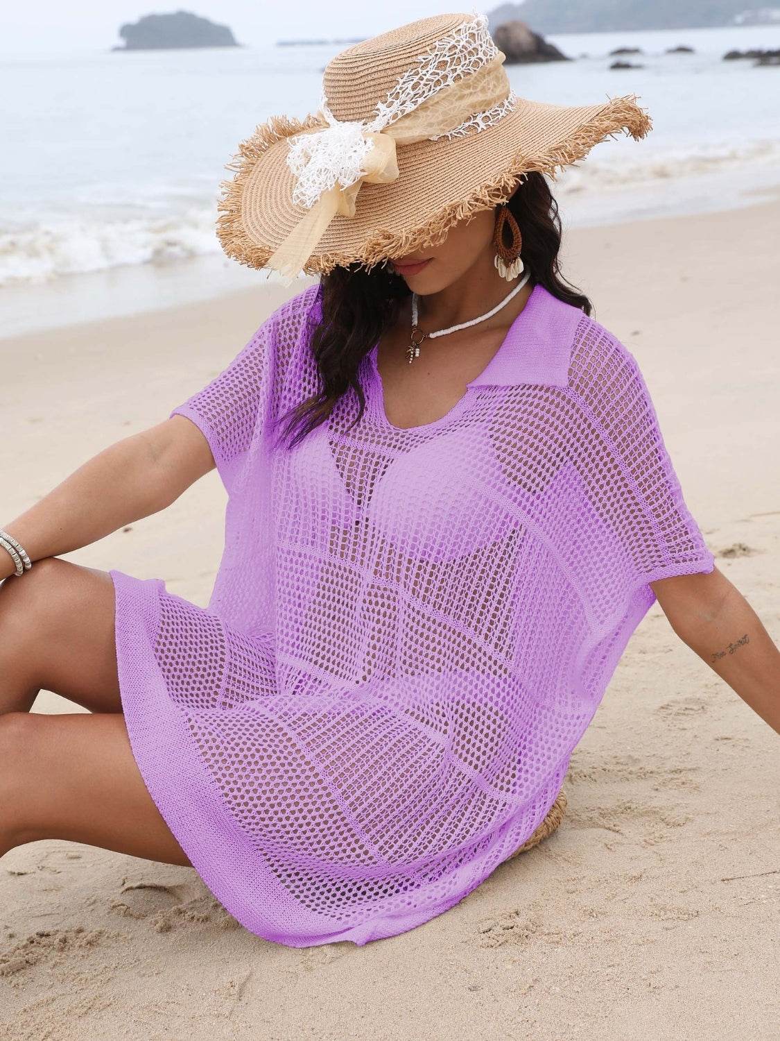Hollow Out Collared Neck Cover-Up - Selvanelle