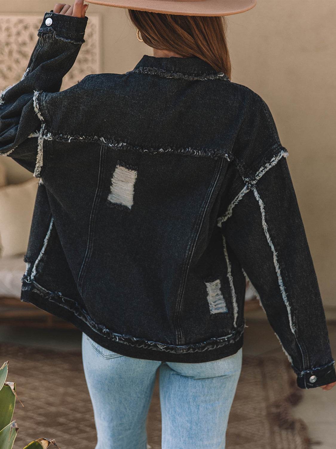 Button Up Raw Hem Distressed Denim Jacket - Selvanelle