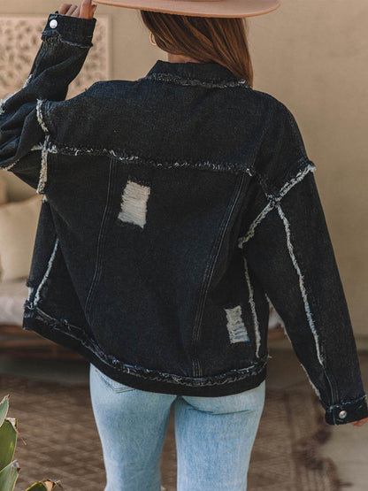 Button Up Raw Hem Distressed Denim Jacket - Selvanelle