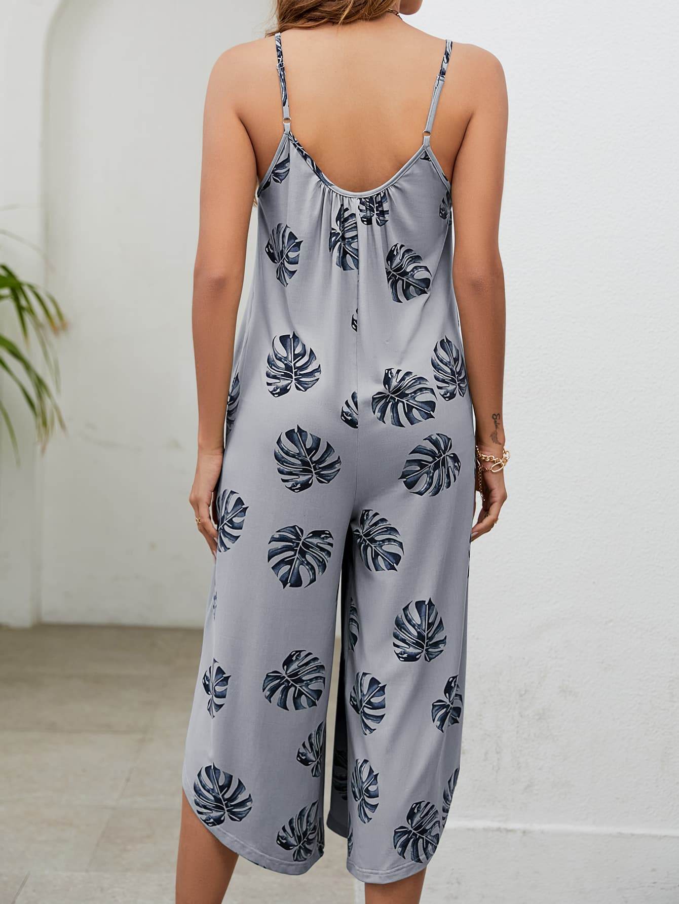 Botanical Print Spaghetti Strap Scoop Neck Jumpsuit - Selvanelle