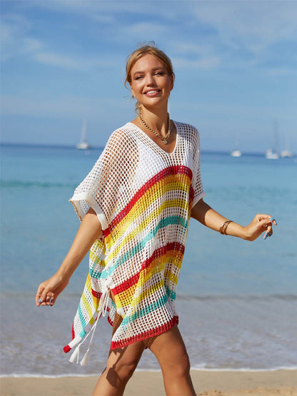 Angel Wings Cutout Striped Cover-Up with Tassel - Selvanelle
