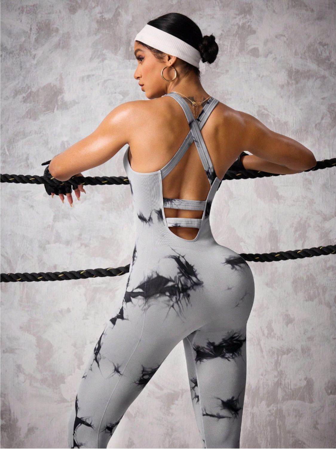 Back Crisscross Tie-Dye Scoop Neck Active Jumpsuit - Selvanelle