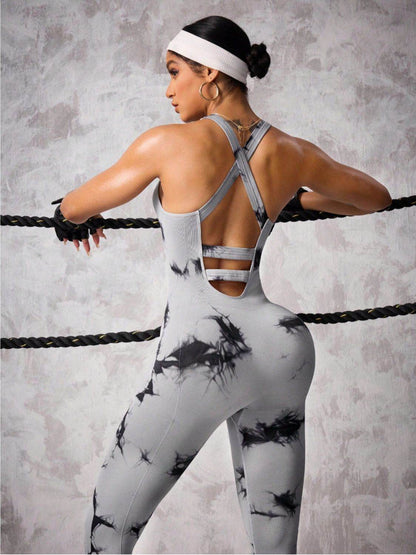 Back Crisscross Tie-Dye Scoop Neck Active Jumpsuit - Selvanelle