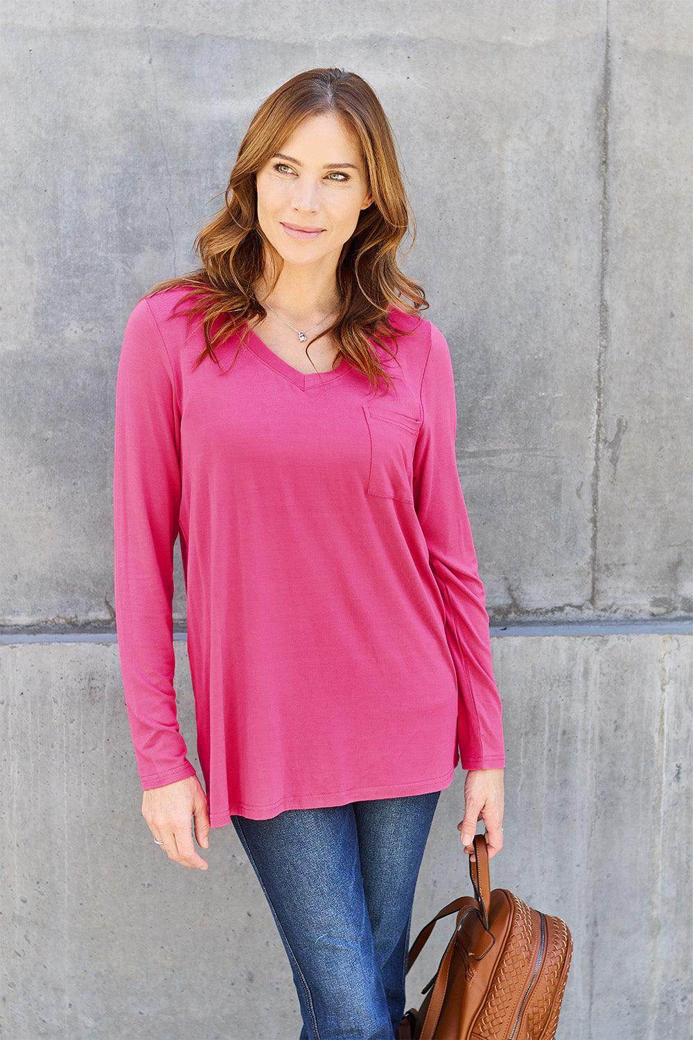 Basic Bae Full Size V-Neck Long Sleeve Top for Women - Selvanelle