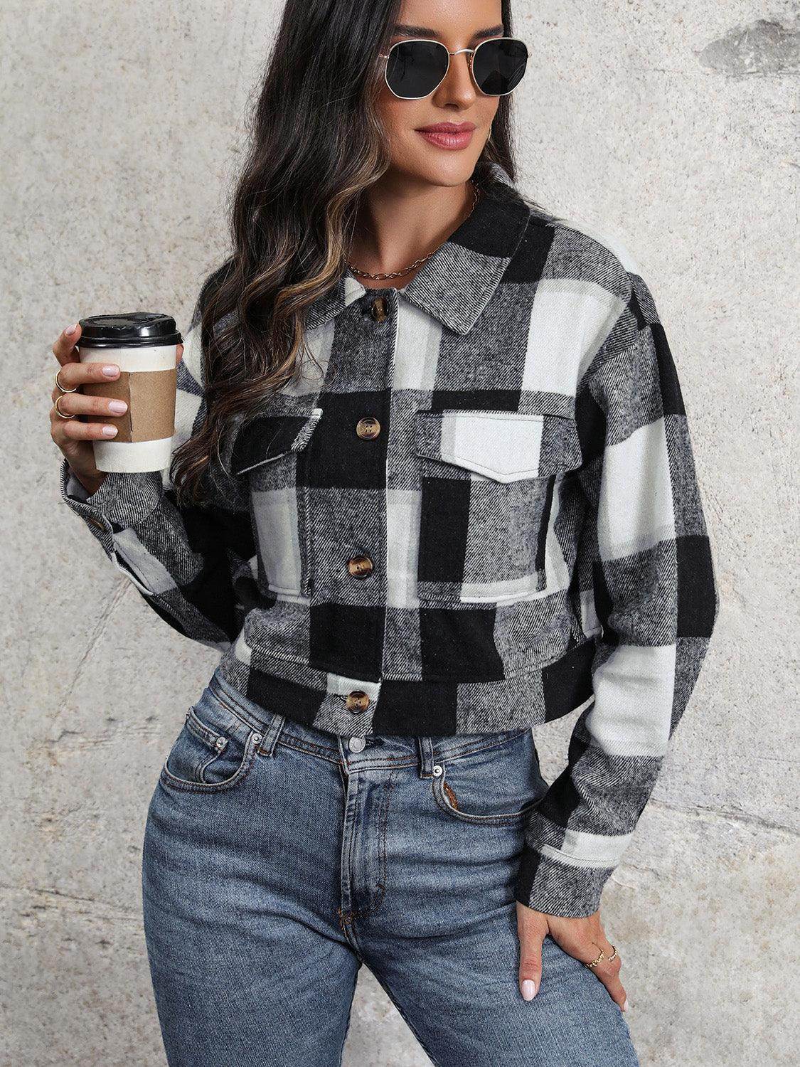 Perfee Plaid Button Up Drop Shoulder Cropped Jacket for Women - Selvanelle