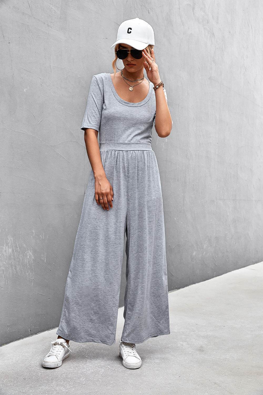 Scoop Neck Half Sleeve Wide Leg Jumpsuit - Selvanelle