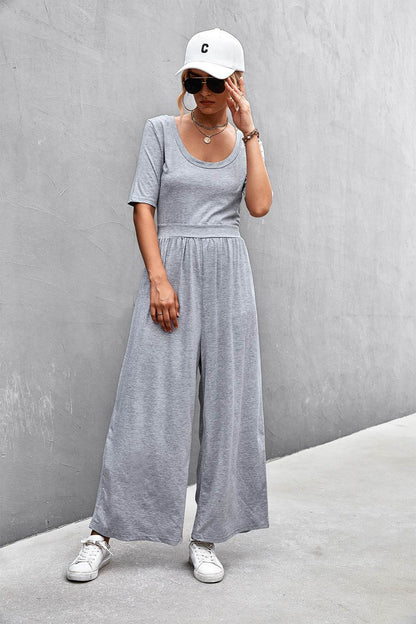 Scoop Neck Half Sleeve Wide Leg Jumpsuit - Selvanelle