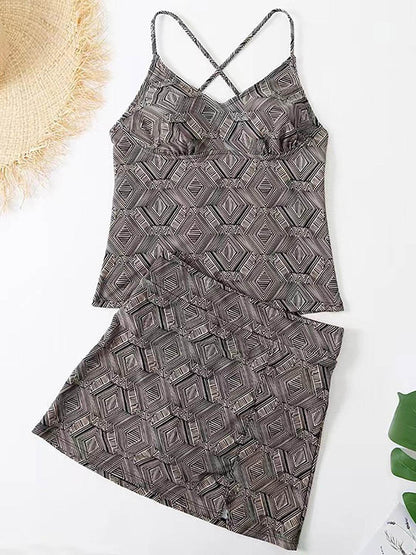 V-Neck Spaghetti Strap Top and Skirt Swim Set - Selvanelle