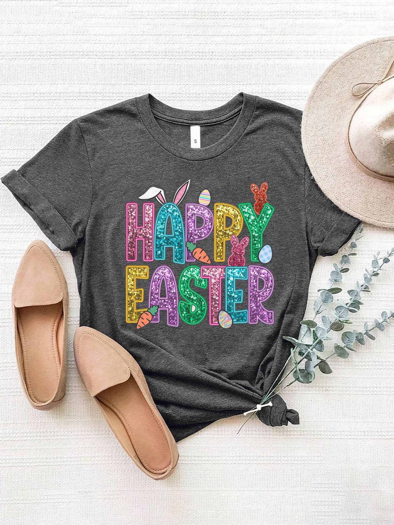 HAPPY EASTER Round Neck Short Sleeve T-Shirt - Selvanelle