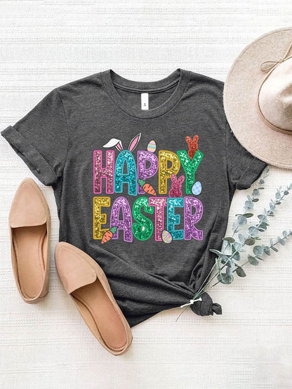 HAPPY EASTER Round Neck Short Sleeve T-Shirt - Selvanelle