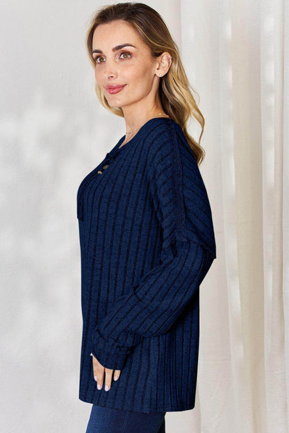 Basic Bae Full Size Ribbed Half Button Long Sleeve T-Shirt - Selvanelle