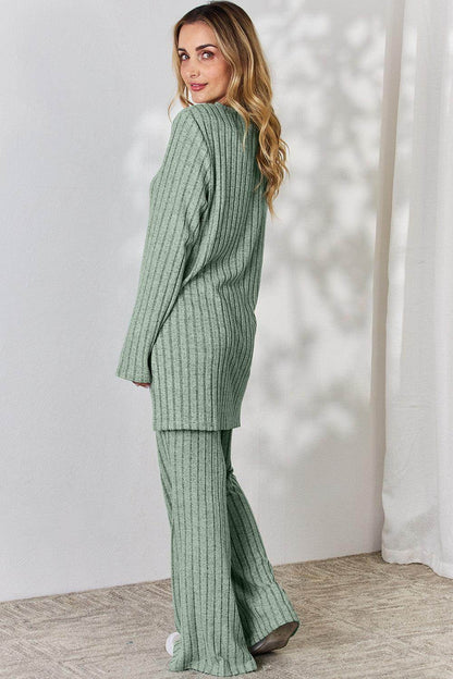Basic Bae Full Size Ribbed High-Low Top and Wide Leg Pants Set - Selvanelle