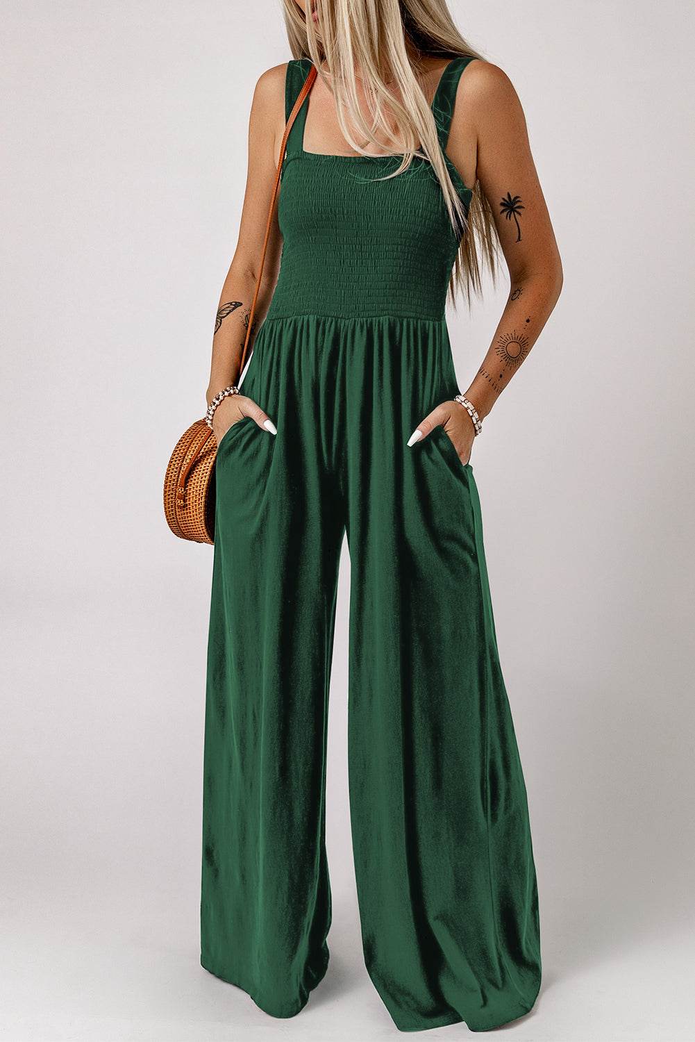 Smocked Square Neck Wide Leg Jumpsuit with Pockets - Selvanelle
