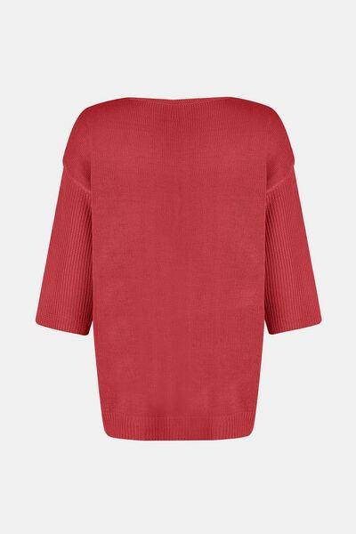 V-Neck Three-Quarter Sleeve Knit Top for Women Fashion - Selvanelle