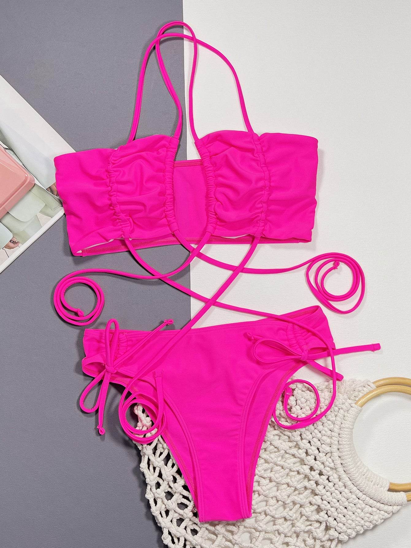 Halter Neck Drawstring Detail Bikini Set - Selvanelle