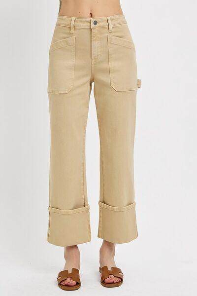 RISEN Full Size High Rise Wide Straight Cuffed Patch Jeans Plus Size - Selvanelle