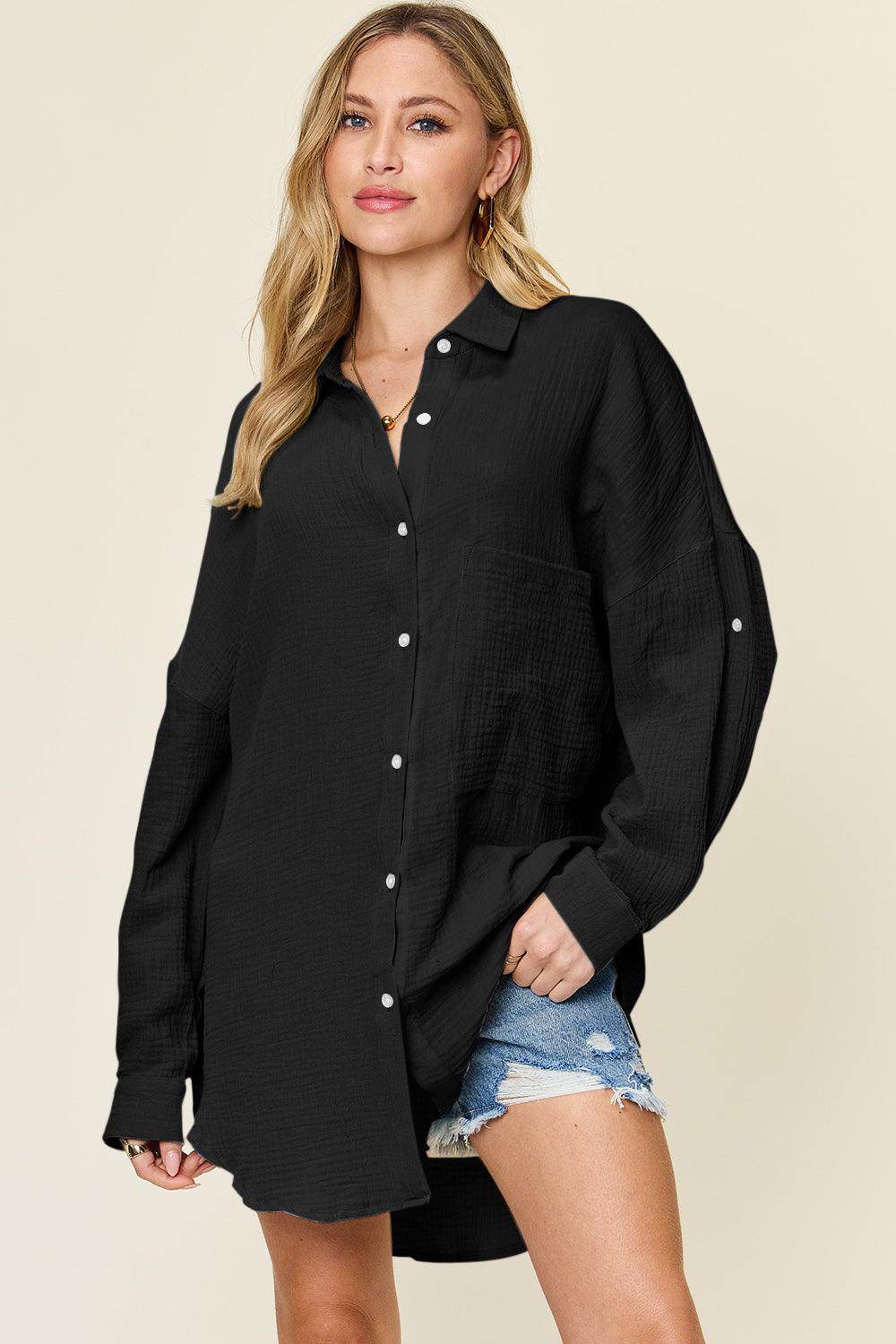 Double Take Full Size Pocketed Texture Button Up Shirt - Selvanelle
