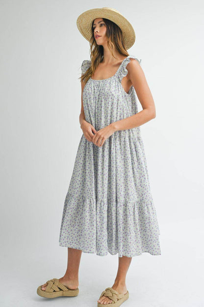 MABLE Floral Ruffle Shoulder Tiered Midi Dress for Women - Selvanelle