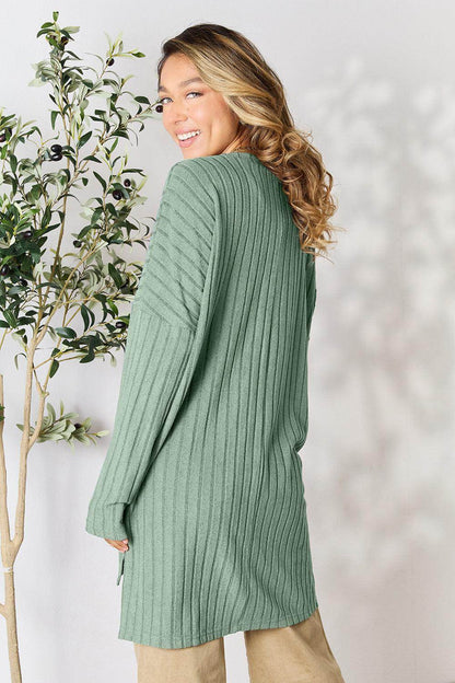 Basic Bae Full Size Ribbed Round Neck Long Sleeve Slit Top - Selvanelle