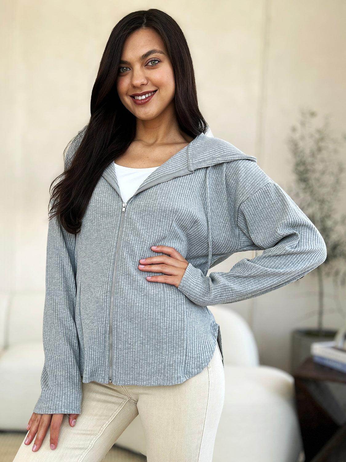 Culture Code Full Size Ribbed Zip Up Hooded Jacket - Selvanelle