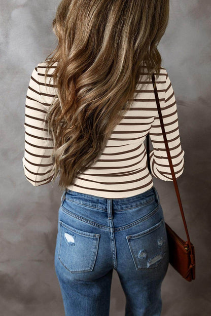 Striped V-Neck Long Sleeve Top for Women Casual Wear - Selvanelle