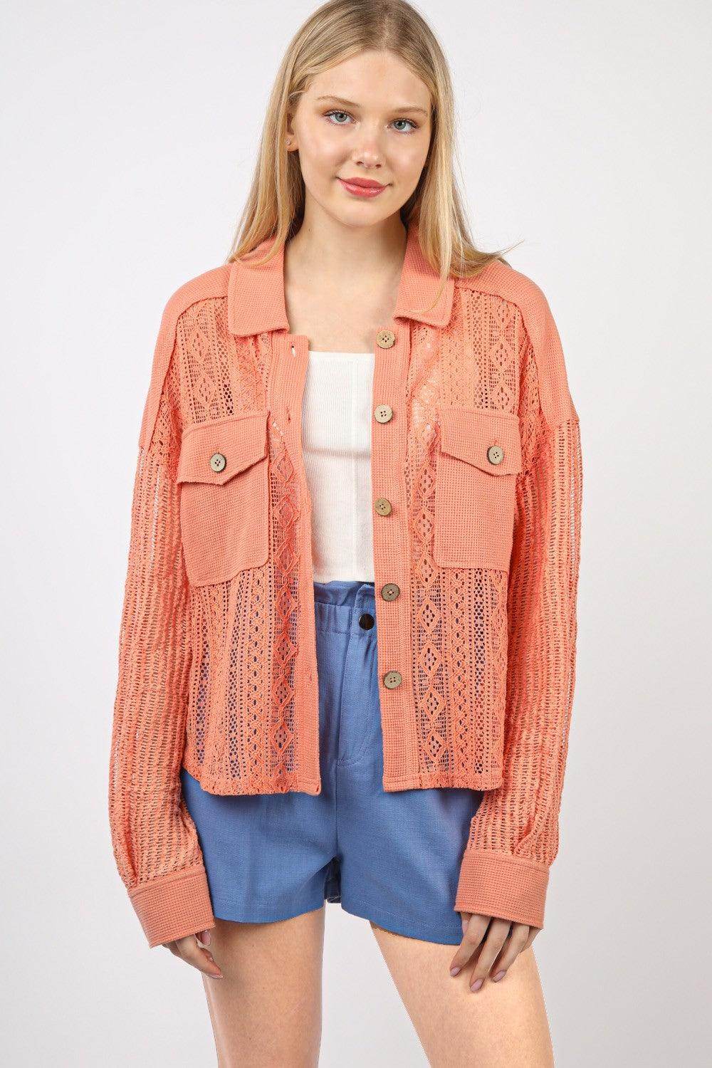 Very J Button Up Long Sleeve Lace Shirt for Women - Selvanelle