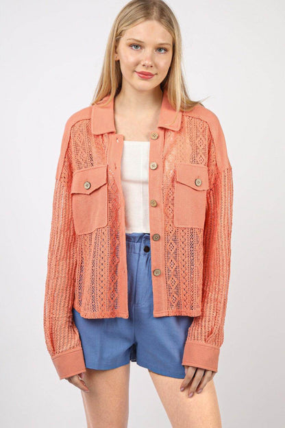 Very J Button Up Long Sleeve Lace Shirt for Women - Selvanelle