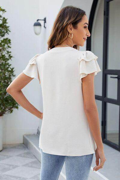 Ruffled Notched Short Sleeve Blouse for Women Fashion - Selvanelle