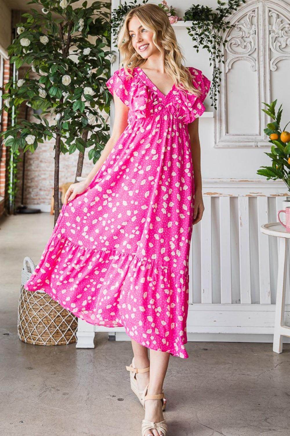Reborn J Printed V-Neck Ruffle Trim Tiered Midi Dress - Selvanelle