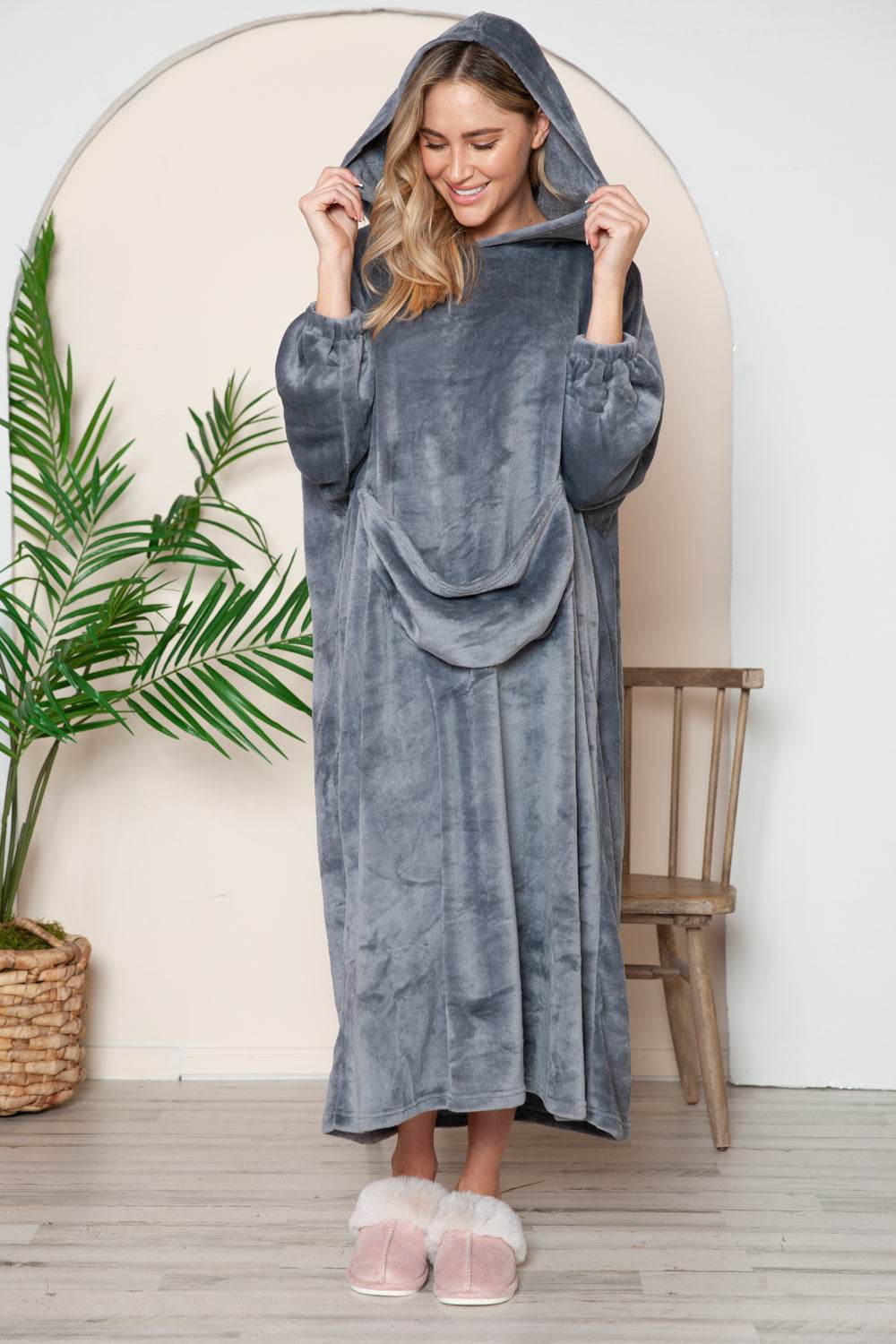 Double Take Full Size Pocketed Hooded Midi Lounge Dress - Selvanelle