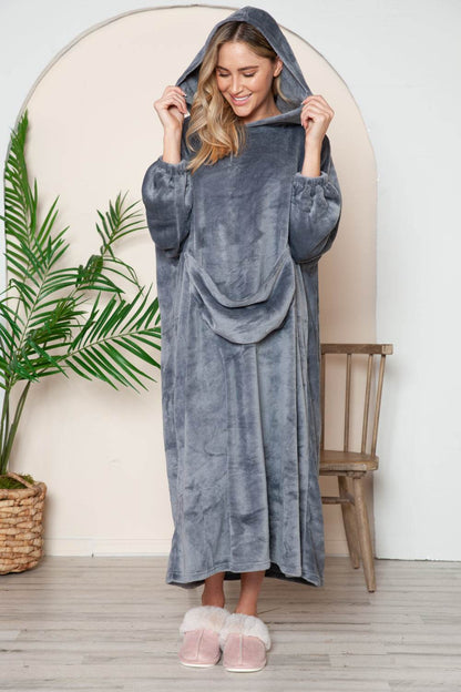 Double Take Full Size Pocketed Hooded Midi Lounge Dress - Selvanelle