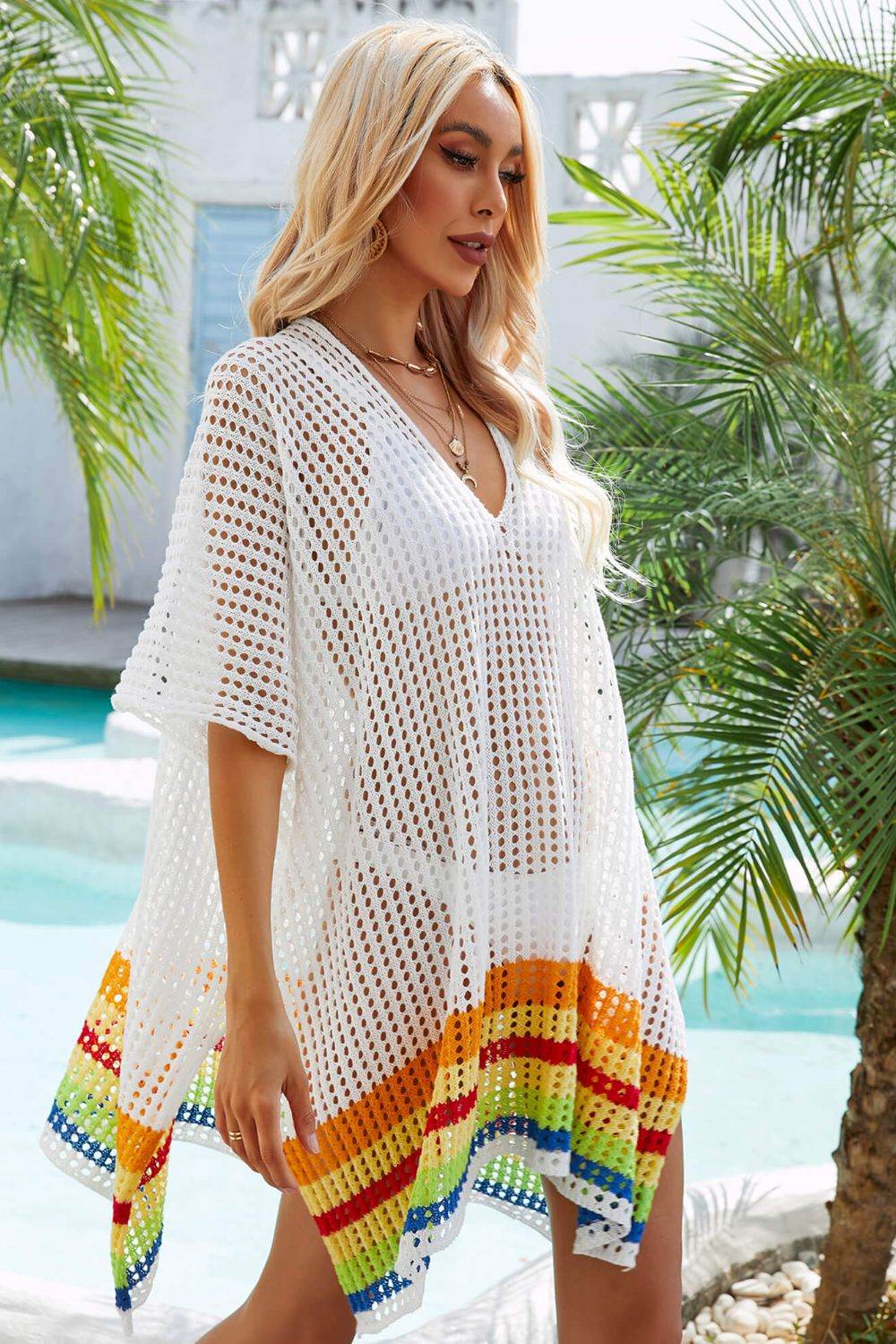 Angel Wings Rainbow Stripe Openwork Slit Cover-Up - Selvanelle