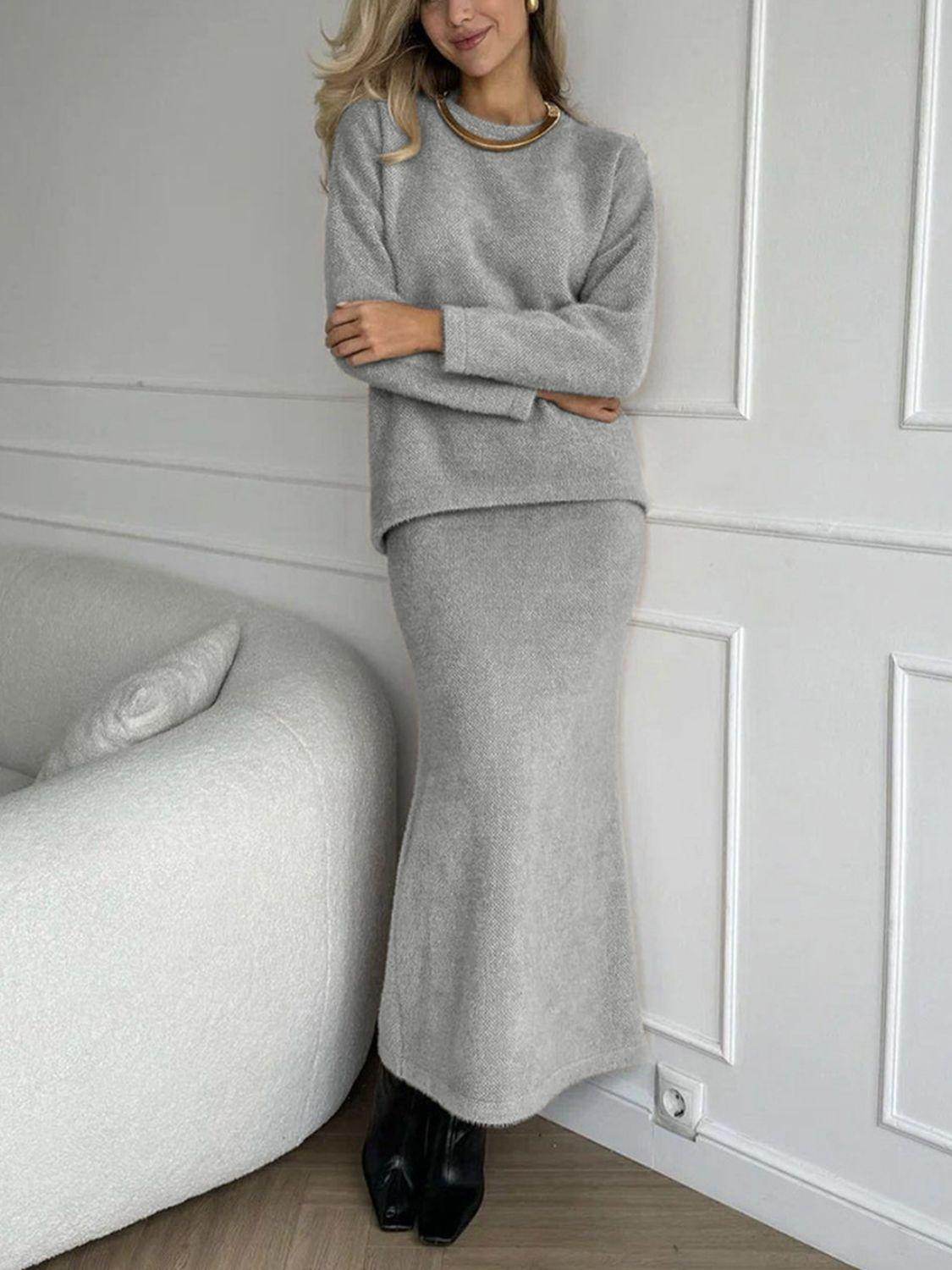 Round Neck Dropped Shoulder Top and Midi Skirt Sweater Set - Selvanelle