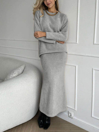 Round Neck Dropped Shoulder Top and Midi Skirt Sweater Set - Selvanelle