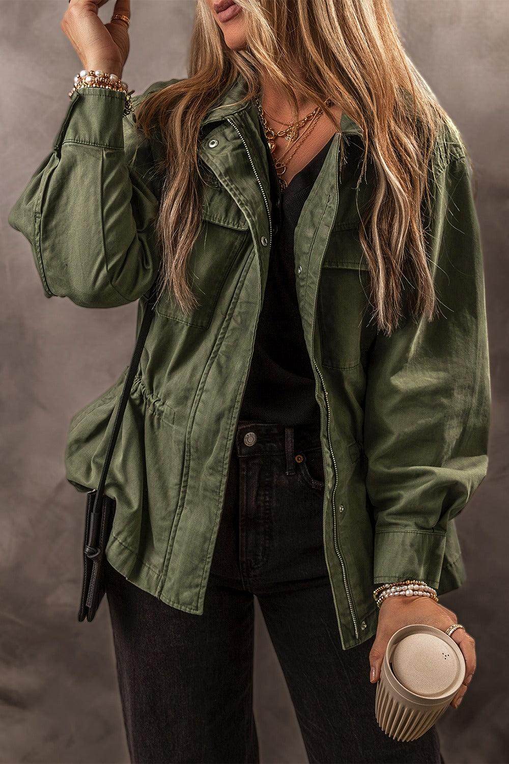 Zip Up Long Sleeve Jacket for Women in Cotton Fabric - Selvanelle