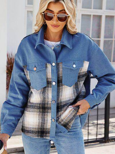 Plaid Button Up Long Sleeve Denim Jacket for Women - Selvanelle