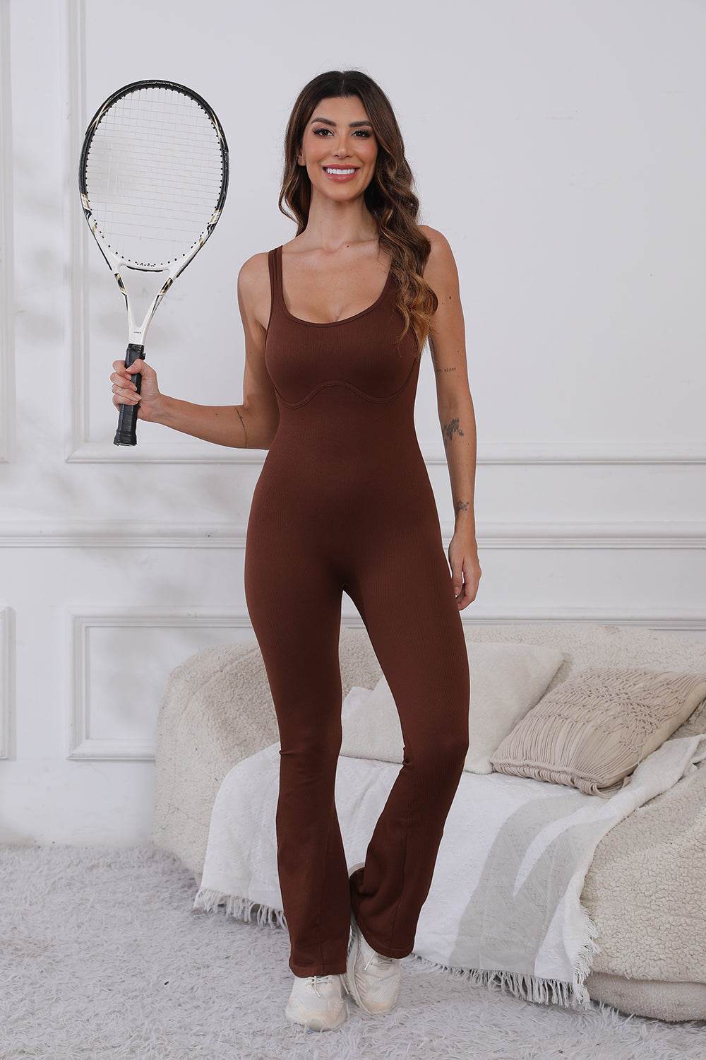 Scoop Neck Wide Strap Active Jumpsuit - Selvanelle