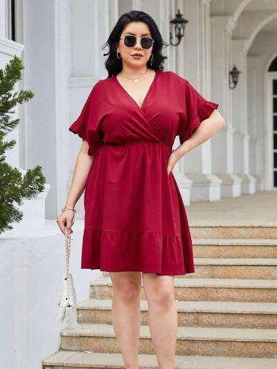 Plus Size Ruched Surplice Flounce Sleeve Mini Dress Online - Selvanelle
