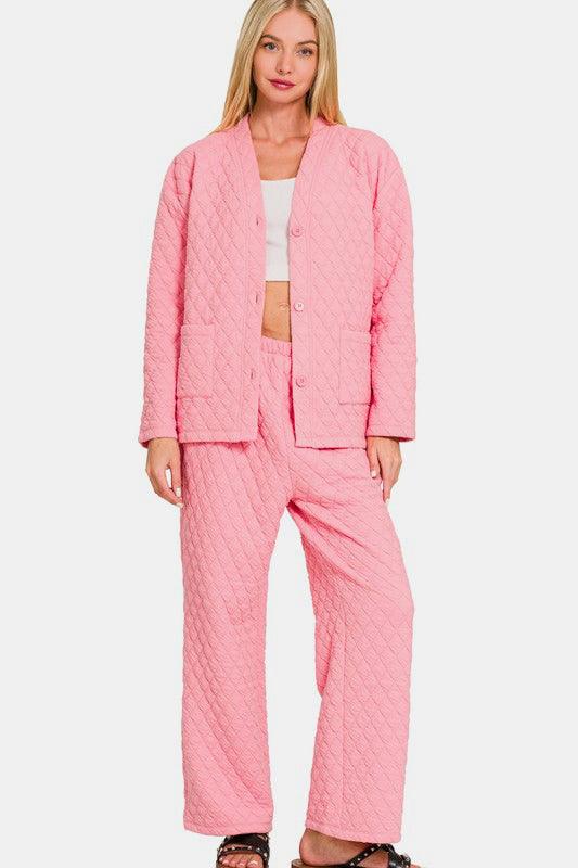 Zenana Quilted Button Up Long Sleeve Top and Pants Set