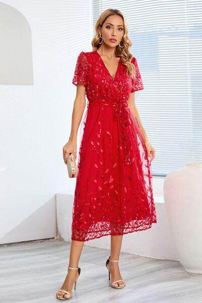 Sequin Leaf Embroidery Tie Front Short Sleeve Dress for Women - Selvanelle