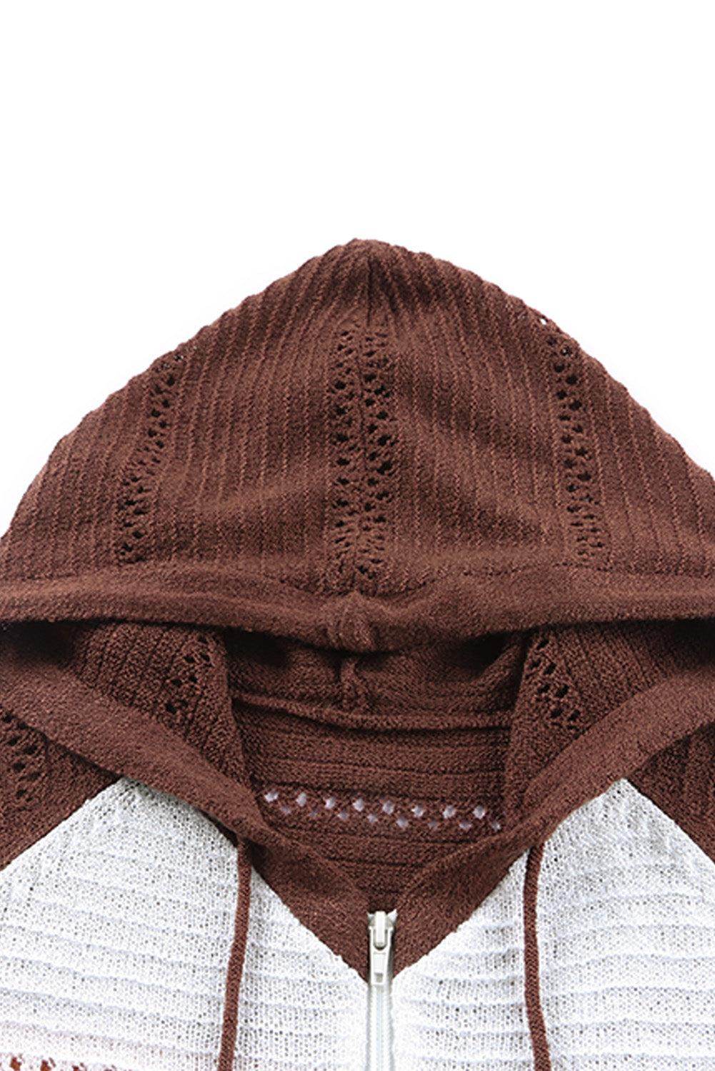 Zip-Up Raglan Sleeve Openwork Hooded Cardigan for Women - Selvanelle