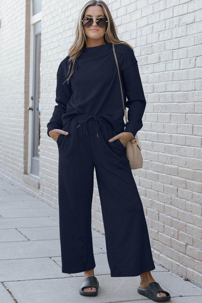 Double Take Full Size Textured Long Sleeve Top and Drawstring Pants Set for Women - Selvanelle