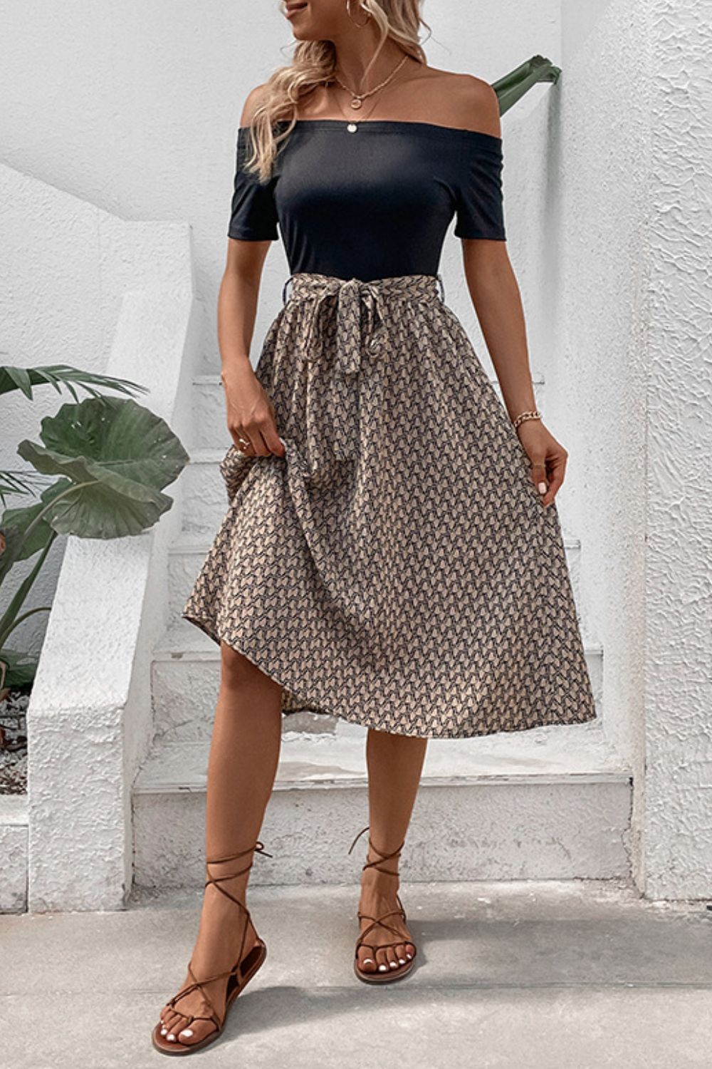 Perfee Printed Tie Belt Off-Shoulder Dress