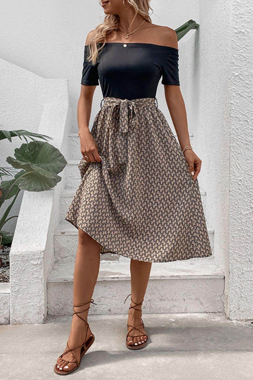Perfee Printed Tie Belt Off-Shoulder Dress for Women - Selvanelle