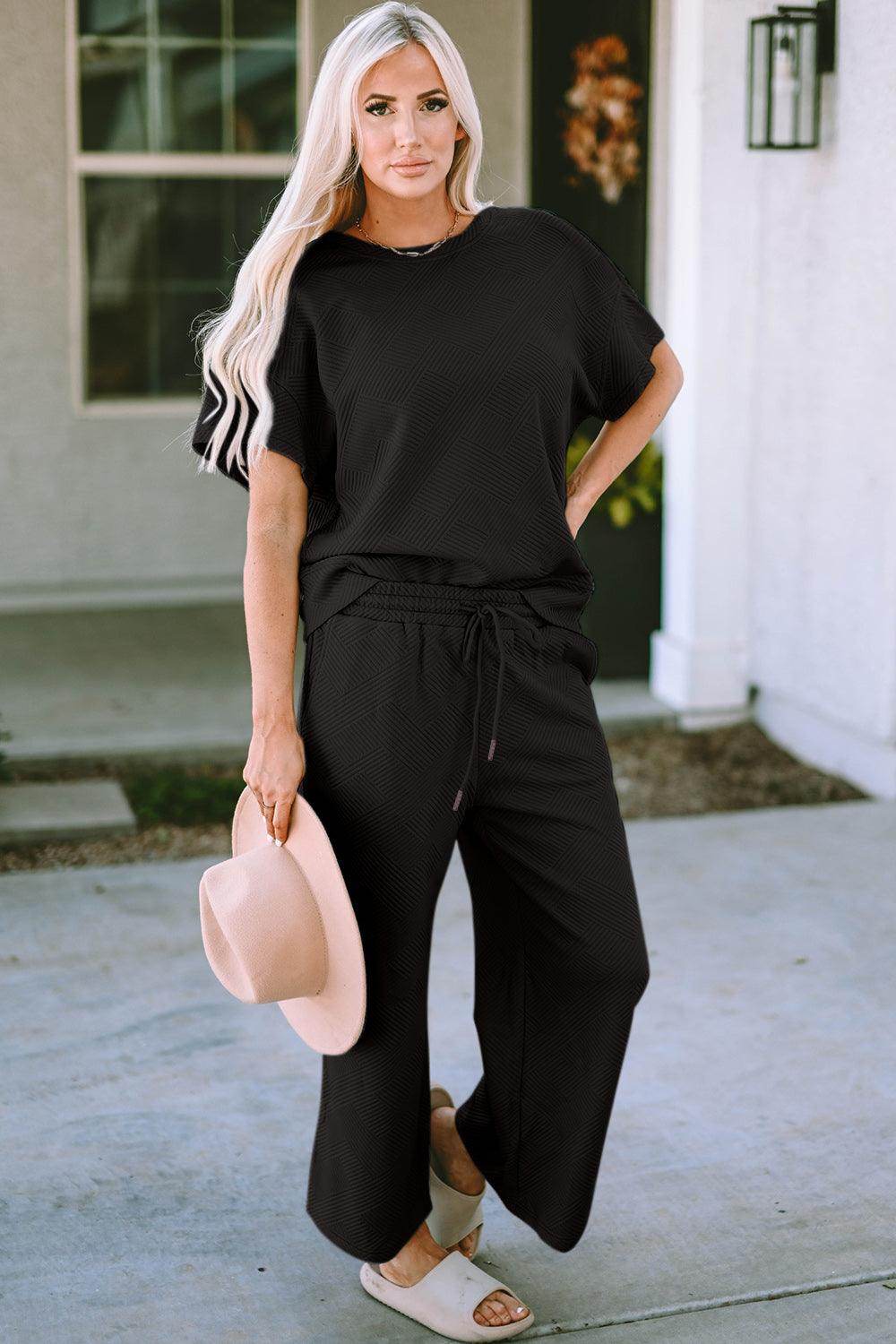 Double Take Full Size Texture Top and Pants Set for Women - Selvanelle