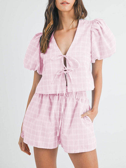 V-Neck Puff Sleeve Top and Shorts Set for Women Fashion - Selvanelle