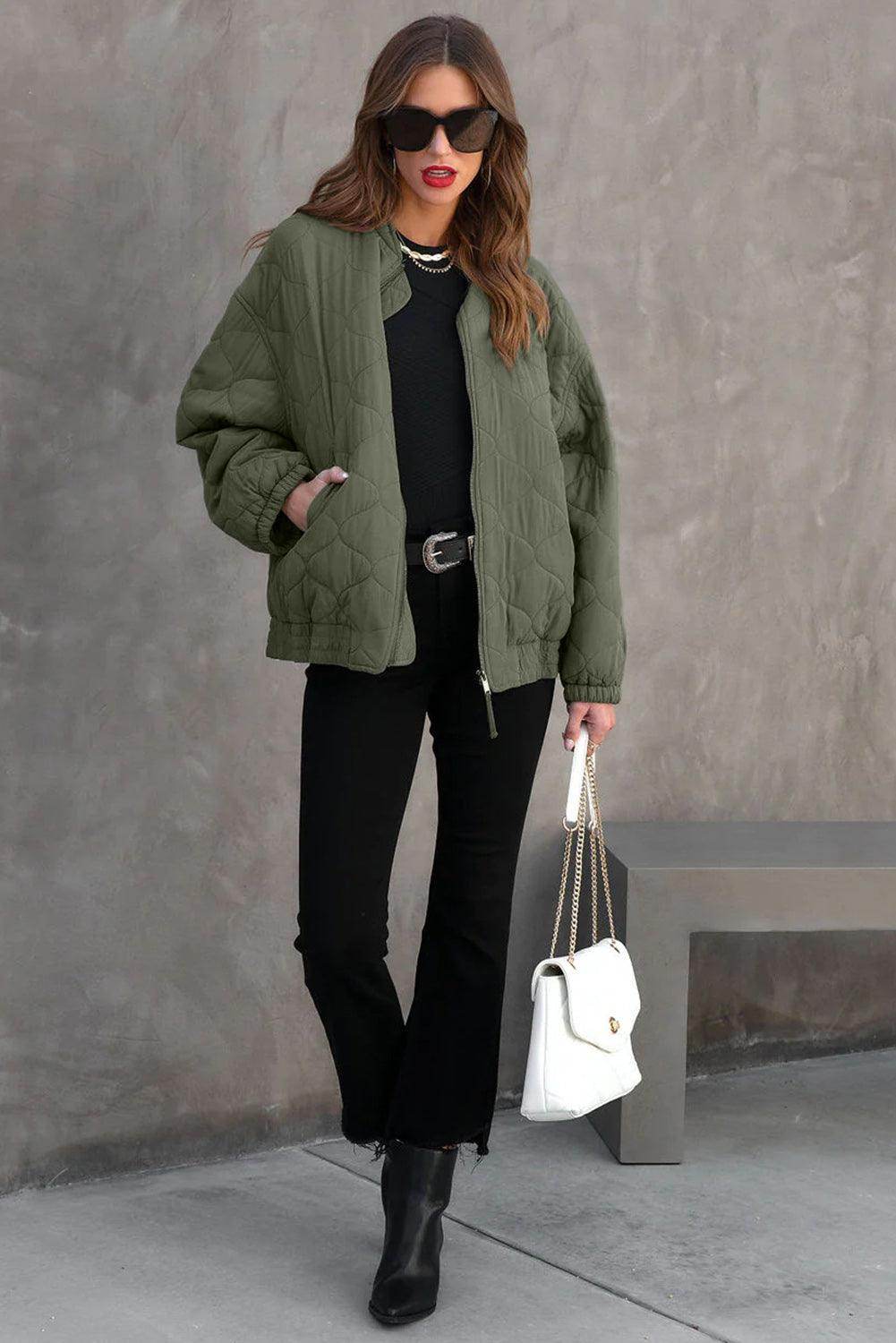 Zip Up Drop Shoulder Long Sleeve Puffer Jacket for Women - Selvanelle