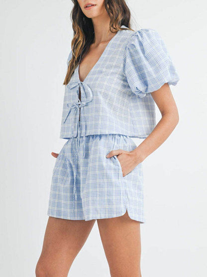V-Neck Puff Sleeve Top and Shorts Set for Women Fashion - Selvanelle