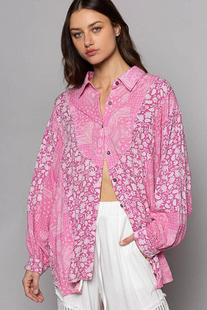POL Button Down Long Sleeve Paisley Print Shirt for Women - Selvanelle